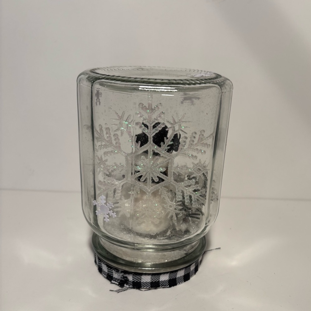 Hand Made Mason Jar Snow Globe with Snowman & Glittery Snowflakes 6 inches - Picture 2 of 4